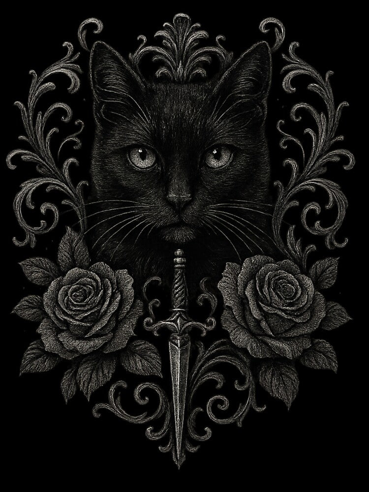 Black Cat Gothic Emblem – Dark Victorian Cat with Roses and Dagger by Mouraludia T-Shirts, Hoodie, Sweatshirt (Image 3)