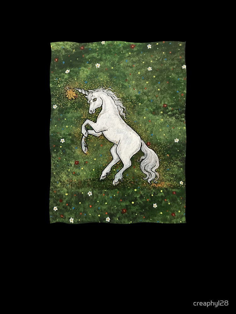 Dancing unicorn with elf against a millefleurs background by creaphyl28 T-Shirts, Hoodie, Sweatshirt (Image 3)