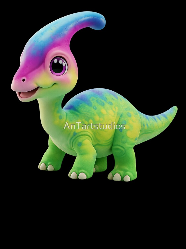 Cute Happy Parasaurolophus Dinosaur Illustration - Colorful Baby Dino Art Kawaii Cartoon Kids Wall Decor by... (Image 3)