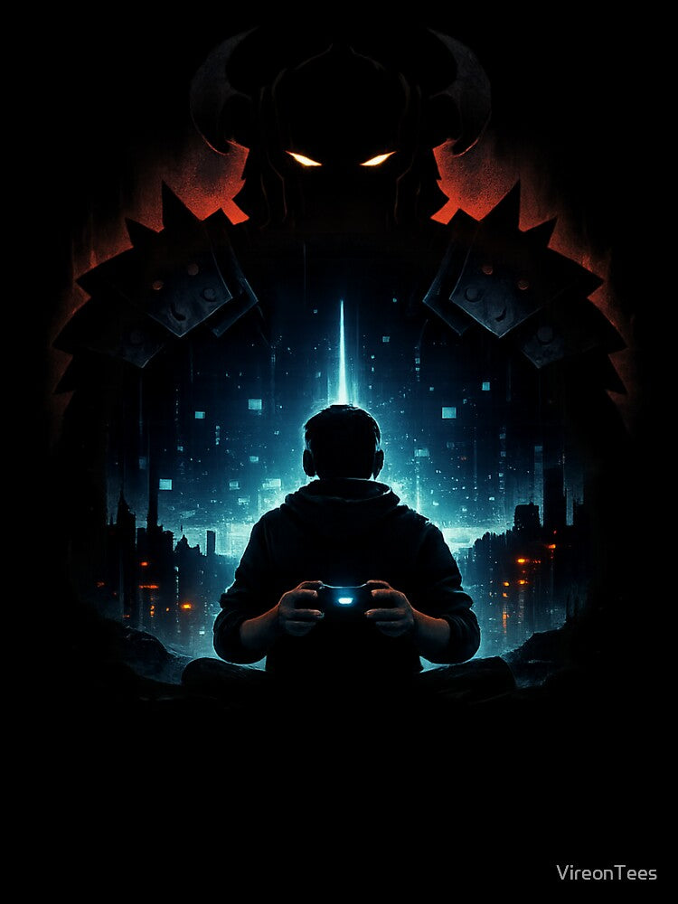 Facing the Final Boss – Dark Gamer Artwork | Cyber Fantasy Gaming T-Shirt by VireonTees Hoodie, Sweatshirt (Image 3)