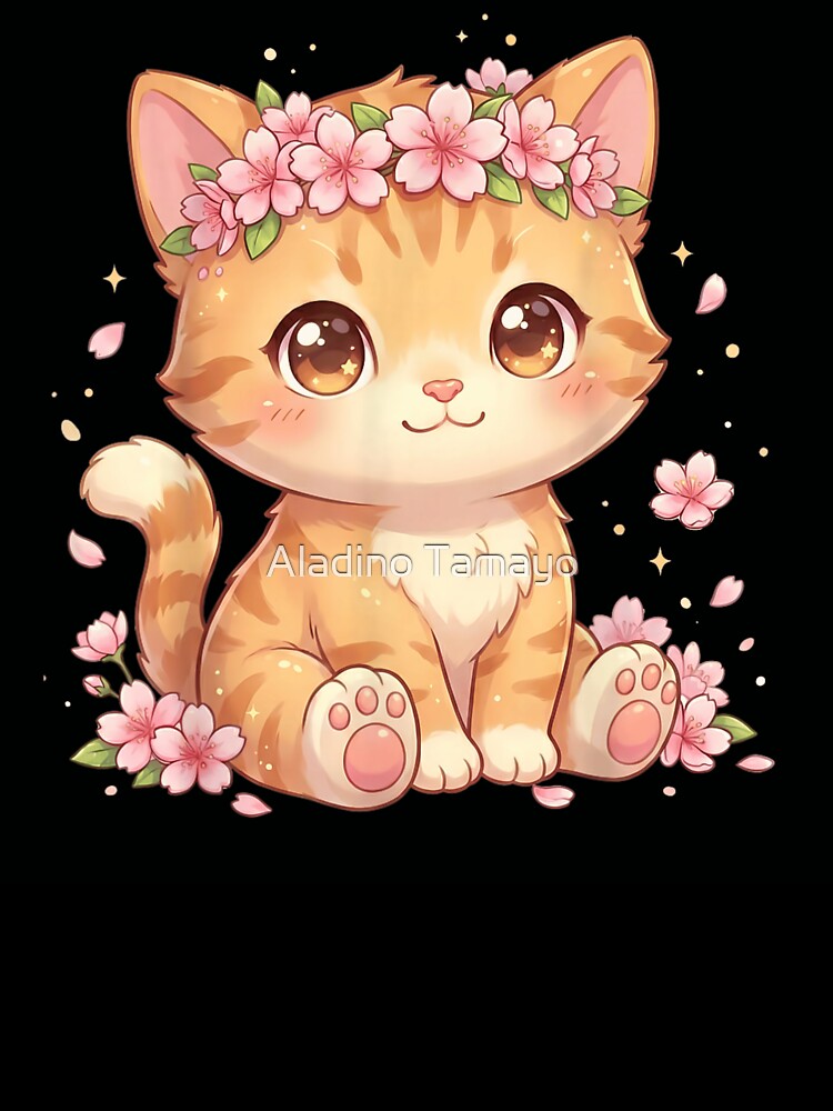 Kawaii Ginger Cat With Cherry Blossom Flower Crown Cute Kitten Art by Aladino Tamayo