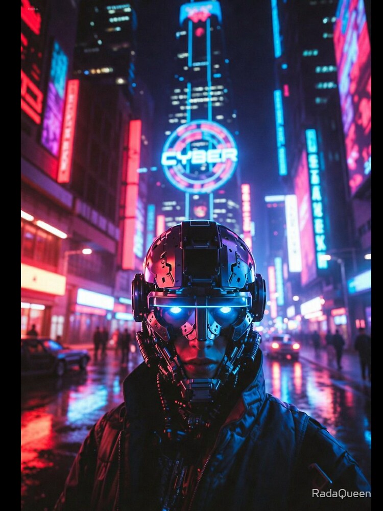 Cyberpunk Neon Enforcer – Futuristic Helmet in Rainy Night Metropolis by RadaQueen T-Shirts, Hoodie, Sweatshirt (Image 3)