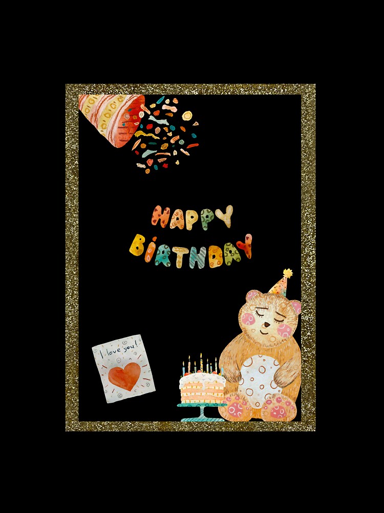 Frame gold bear birthday letters watercolor sketch black by Yana Mustafina | Boho Soulful Designs T-Shirts,... (Image 3)