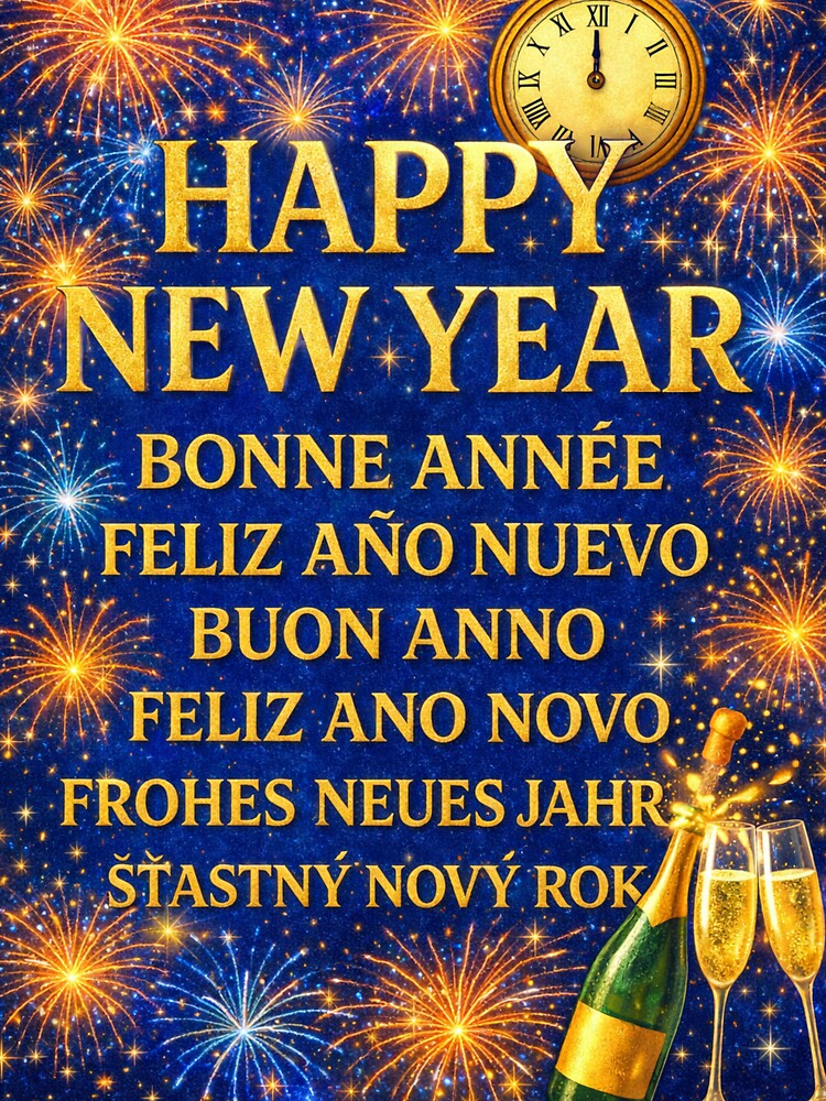 Happy New Year Around the World – Bright Metallic Multilingual New Year's Eve Design Design by Sybille-Yates... (Image 3)