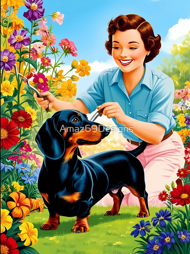 Vintage Flower Gardening Girl and Dachshund Dog by Amaz69Designs T-Shirts, Hoodie, Sweatshirt | BlankRebels.com (Image 3)