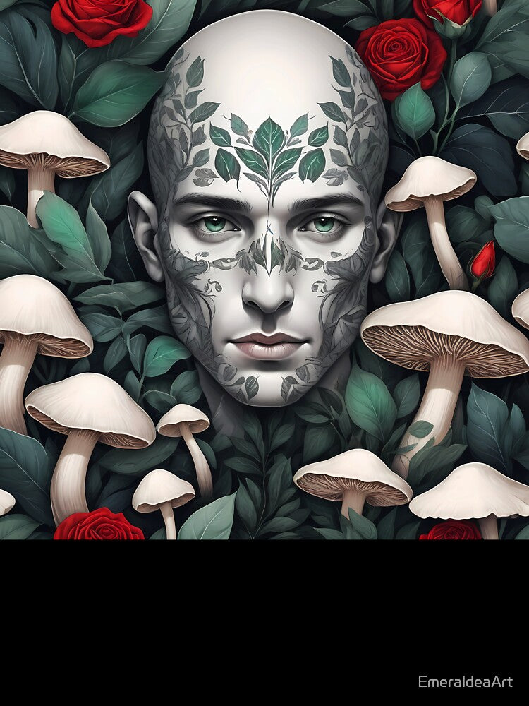 White bold man face Botanical art with funghi and red roses by EmeraldeaArt T-Shirts, Hoodie, Sweatshirt (Image 3)