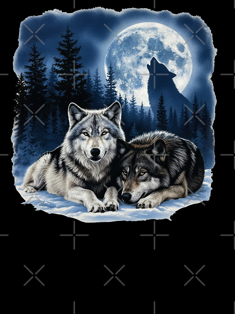 Two Wolves Howling at Full Moon Night Forest Scene by TeeARTHY