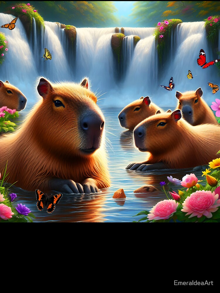 Group of capybaras chillin in water at a waterfall lake bath with butterflies around aesthetic digitalart by... (Image 3)