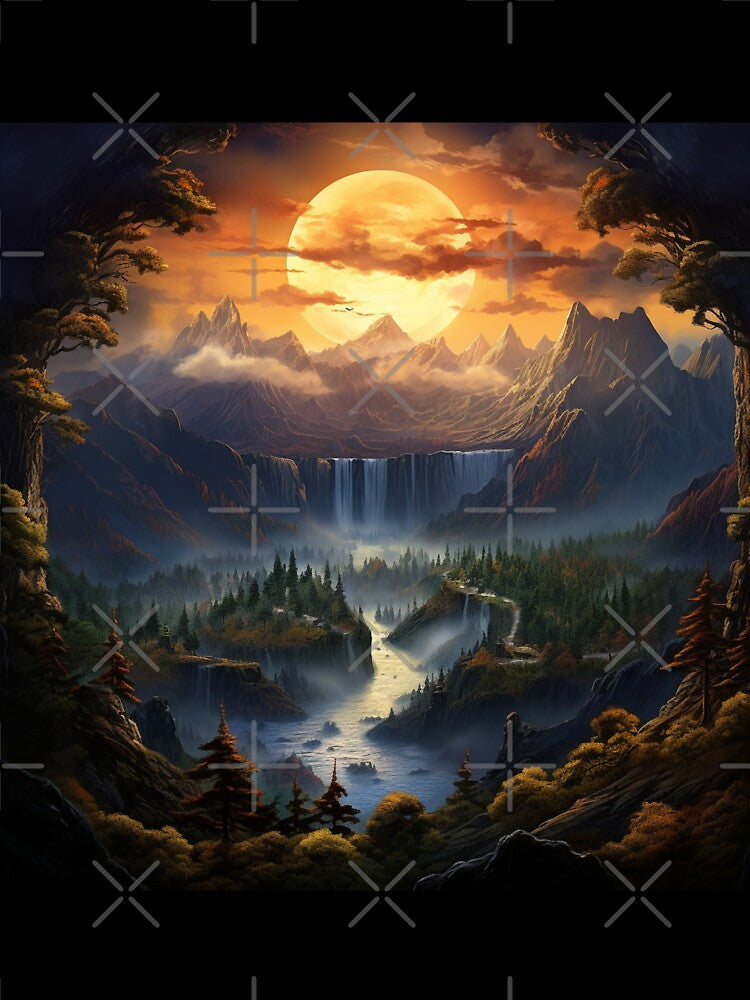 Fantasy Landscape Waterfall Sunset T-Shirts, Hoodie, Sweatshirt