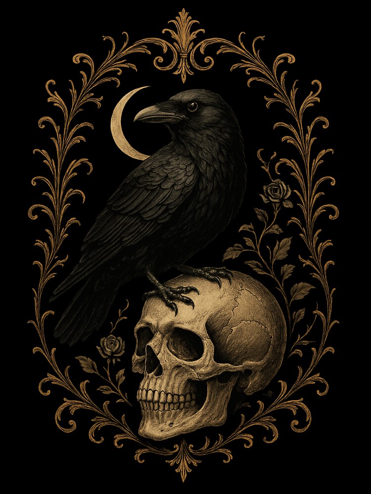 Raven on Skull with Crescent Moon – Gothic Memento Mori by Mouraludia T-Shirts, Hoodie, Sweatshirt (Image 3)