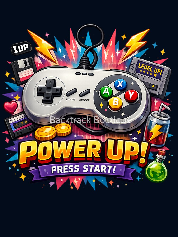 POWER UP! Retro 90s Gaming Controller – Nostalgic Gamer Art by Backtrack Boutique T-Shirts, Hoodie, Sweatshirt (Image 2)