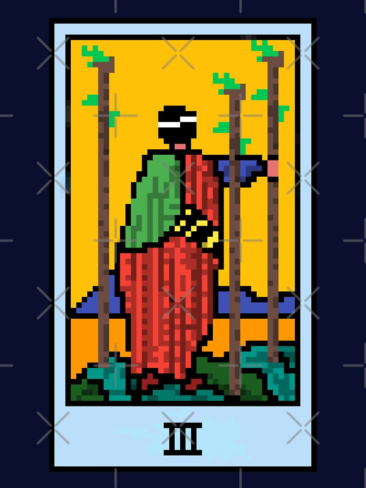 Wait, is this pixel art tarot? Blue - Minor Arcana 'Three of Wands' (Design for T-shirt, stickers and other... (Image 3)