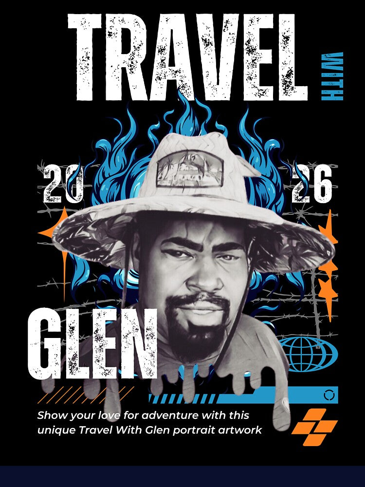 Travel With Glen V3 Blue bk-bg – Signature Travel Portrait Art | Adventure, Explorer & World Traveler Design by... (Image 3)