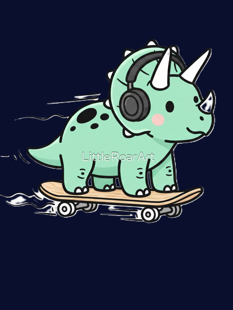 Cute Green Triceratops Skateboarding with Headphones | Kawaii Dino Kids T-Shirt for Boys and Girls by... (Image 3)