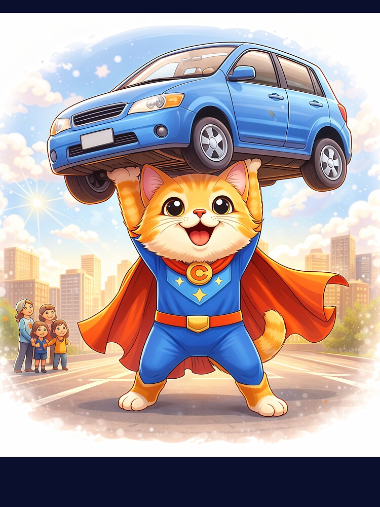 Superhero Cat Lifting a Car – Cute Animal Hero Saving the Day | Kawaii Cartoon Illustration by Furfolkz