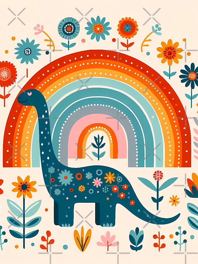 Cute Blue Brontosaurus Dinosaur with Rainbow - Scandinavian Folk Art by heidiannemorris © by FOLK ART FUSION by... (Image 3)