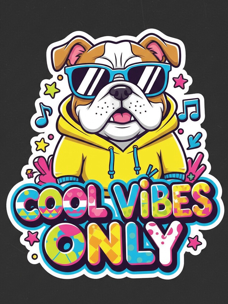 Cool Vibes Only Bulldog – Cute Streetwear Dog Cartoon Sticker & T-Shirt Design by R & K Fashions Hoodie, Sweatshirt (Image 3)