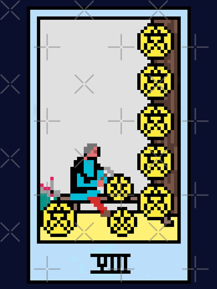 Wait, is this pixel art tarot? Green - Minor Arcana 'Eight  of Pentacles' (Design for T-shirt, stickers and... (Image 3)