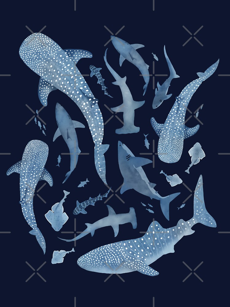 Monochrome blue watercolour shark ocean on black by adenaJ T-Shirts, Hoodie, Sweatshirt | BlankRebels.com (Image 3)
