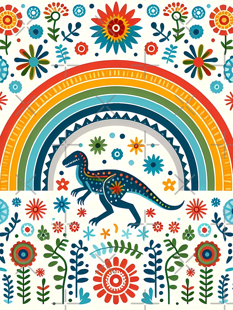 Cute Raptor Dinosaur with Rainbow and Flowers - Scandinavian Folk Art by heidiannemorris © by FOLK ART FUSION... (Image 3)