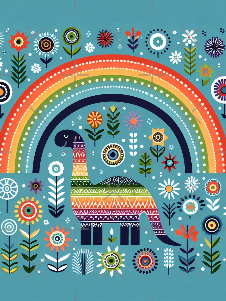 Cute Diplodocus Dinosaur with Rainbow and Flowers - Scandinavian Folk Art by heidiannemorris © by FOLK ART... (Image 3)