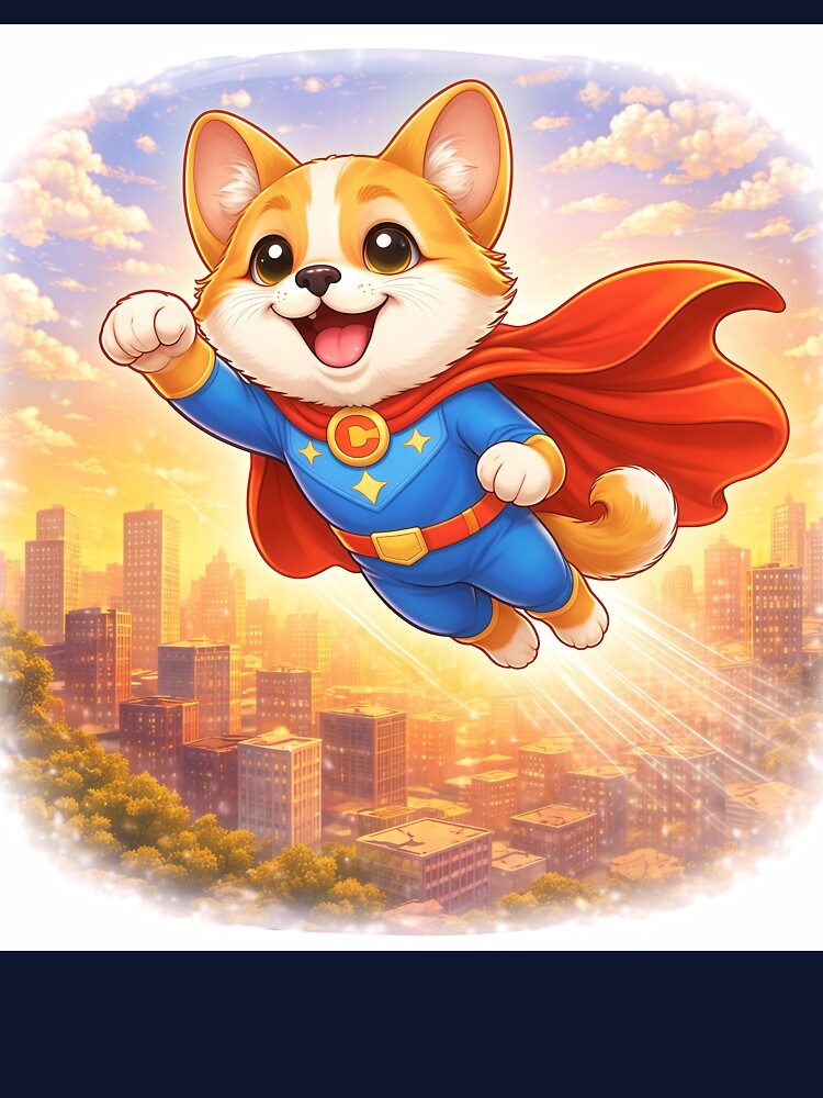 Flying Superhero Dog Over the City – Cute Dog Hero in the Sky | Animal Superhero Illustration by Furfolkz