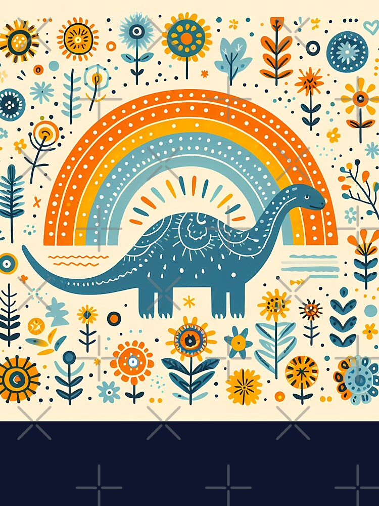 Cute Brontosaurus Dinosaur with Rainbow and Flowers - Scandinavian Folk Art by heidiannemorris © by FOLK ART... (Image 3)