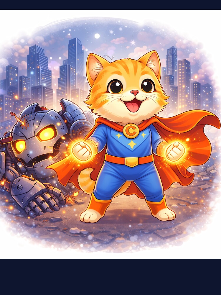 Superhero Cat Defeating Robot Villain – Cute Hero Cat Saving the City | Kawaii Comic Art by Furfolkz