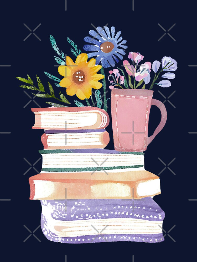 Books and Coffee and Wildflowers, Cute Watercolor by FarmOfCuties