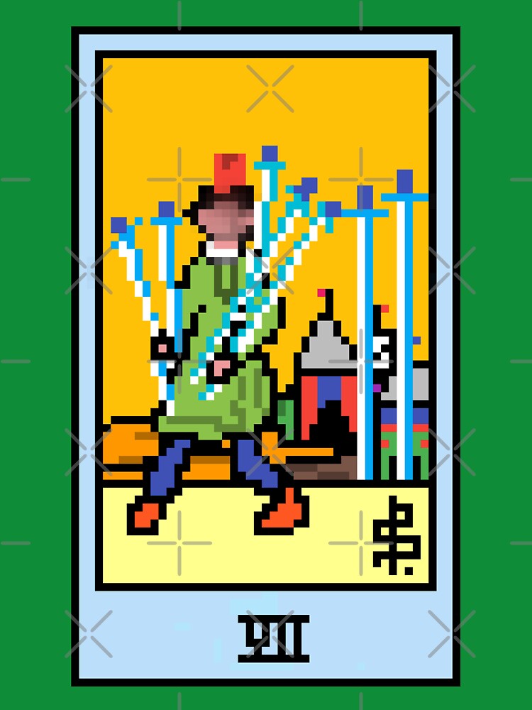 Wait, is this pixel art tarot? Green - Minor Arcana 'Seven of Swords' (Design for T-shirt, stickers and other... (Image 3)