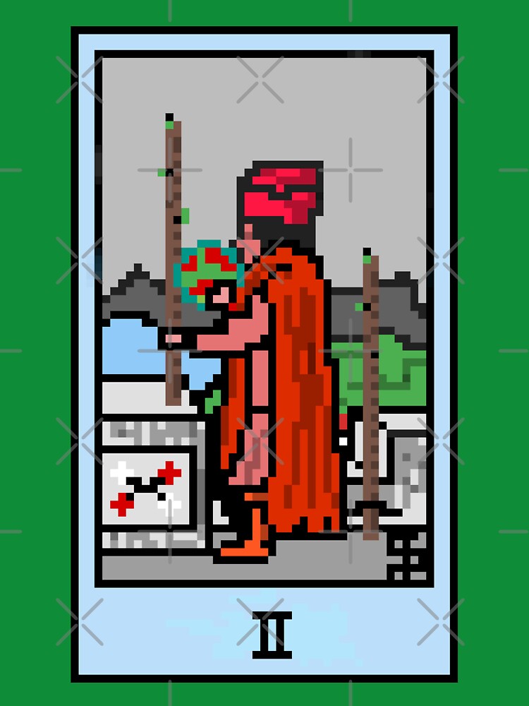 Wait, is this pixel art tarot? Green - Minor Arcana 'Two  of Wands' (Design for T-shirt, stickers and other... (Image 3)