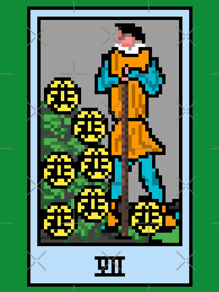 Wait, is this pixel art tarot? Green - Minor Arcana 'Seven of Pentacles' (Design for T-shirt, stickers and... (Image 3)
