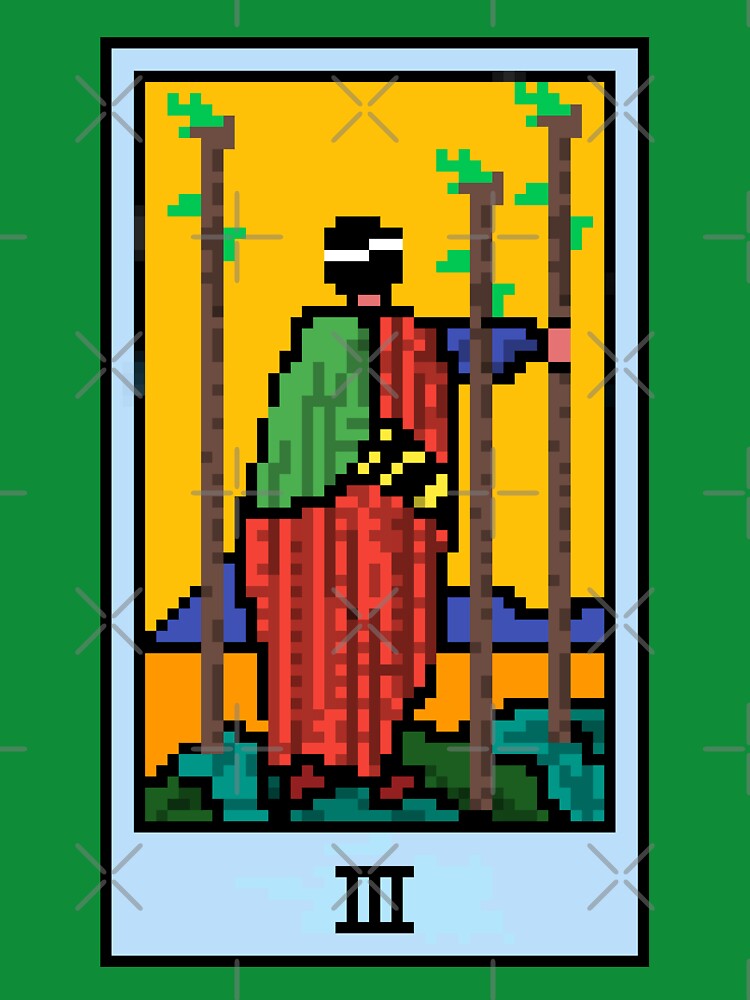 Wait, is this pixel art tarot? Green - Minor Arcana 'Three of Wands' (Design for T-shirt, stickers and other... (Image 3)