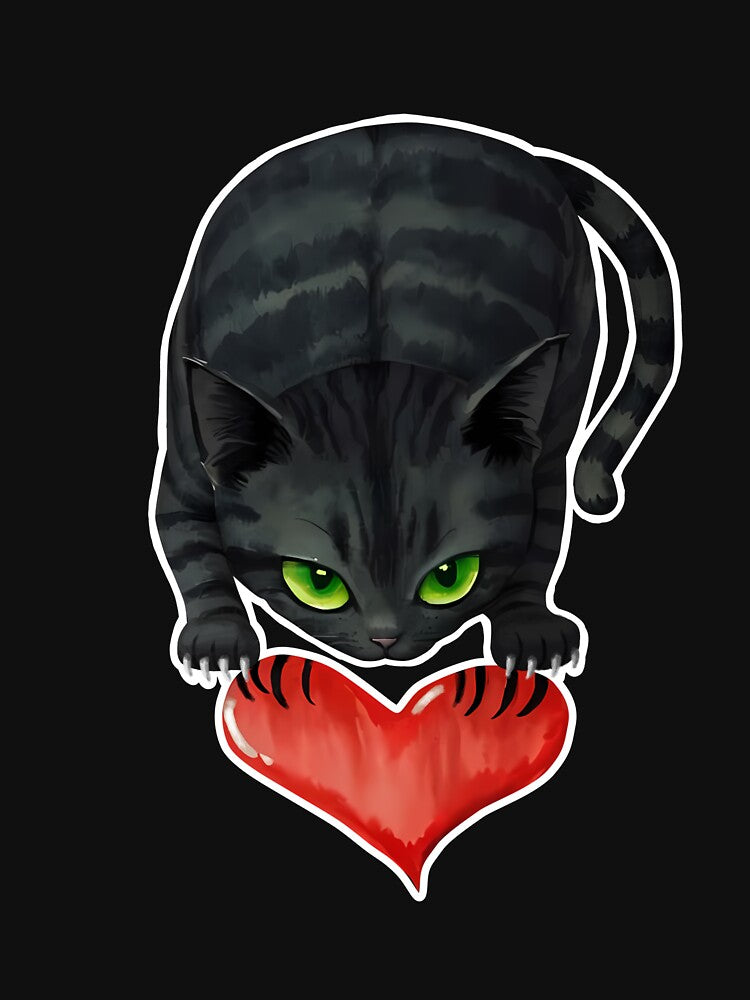 Gothic Cat Pawing a Heart Sticker, T-Shirt & Art Print | Dark Kawaii Design (Image 3)
