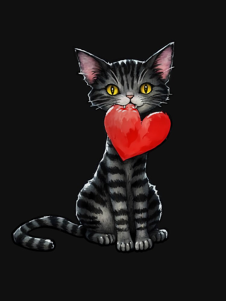 Gothic Cat Holding a Heart Sticker, T-Shirt & Art Print | Dark Kawaii Design (Image 3)