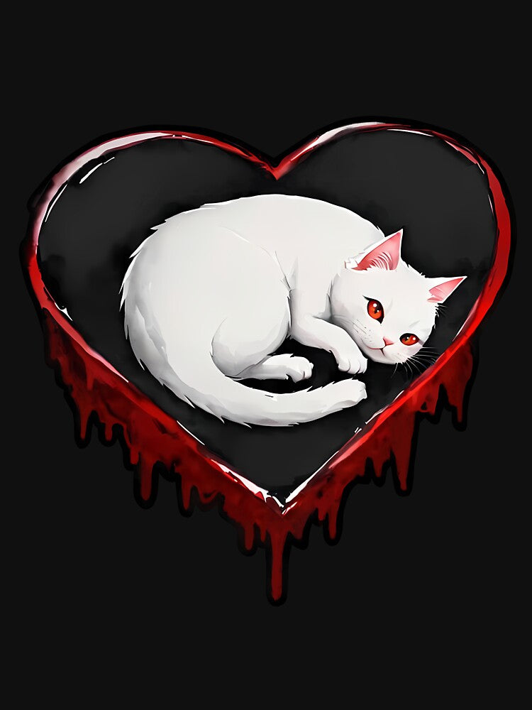 Gothic White Cat in Bleeding Heart Sticker, T-Shirt & Art Print | Dark Kawaii Design (Image 3)