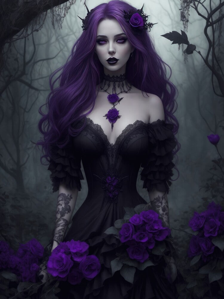 A deep purple haired gothic seductress surrounded by purple roses in a dark scene by Good Candy T-Shirts,... (Image 3)