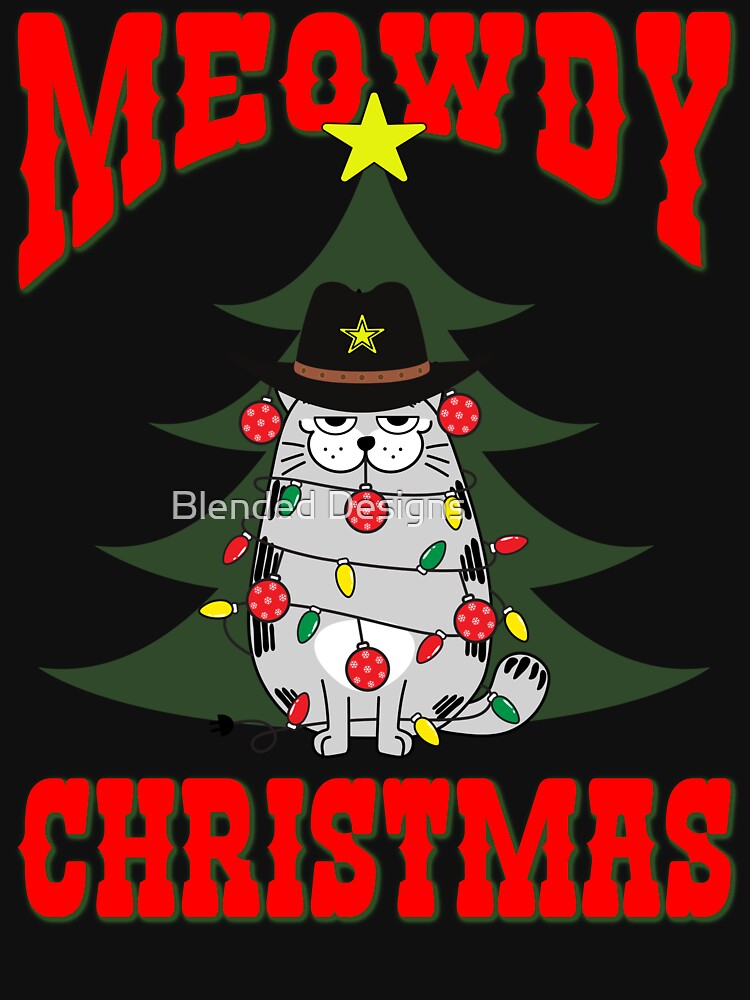 Meowdy Christmas, Festive cat with Christmas lights and ornaments by Blended Designs ⭐⭐⭐⭐⭐ T-Shirts, Hoodie,... (Image 3)