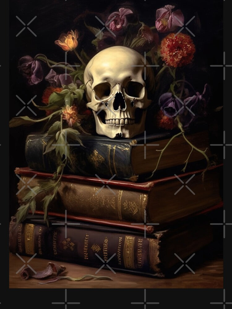 Dark Academia Skull Books Painting, Dark Cottagecore Gothic Still Life Painting by Kink Collective T-Shirts,... (Image 3)