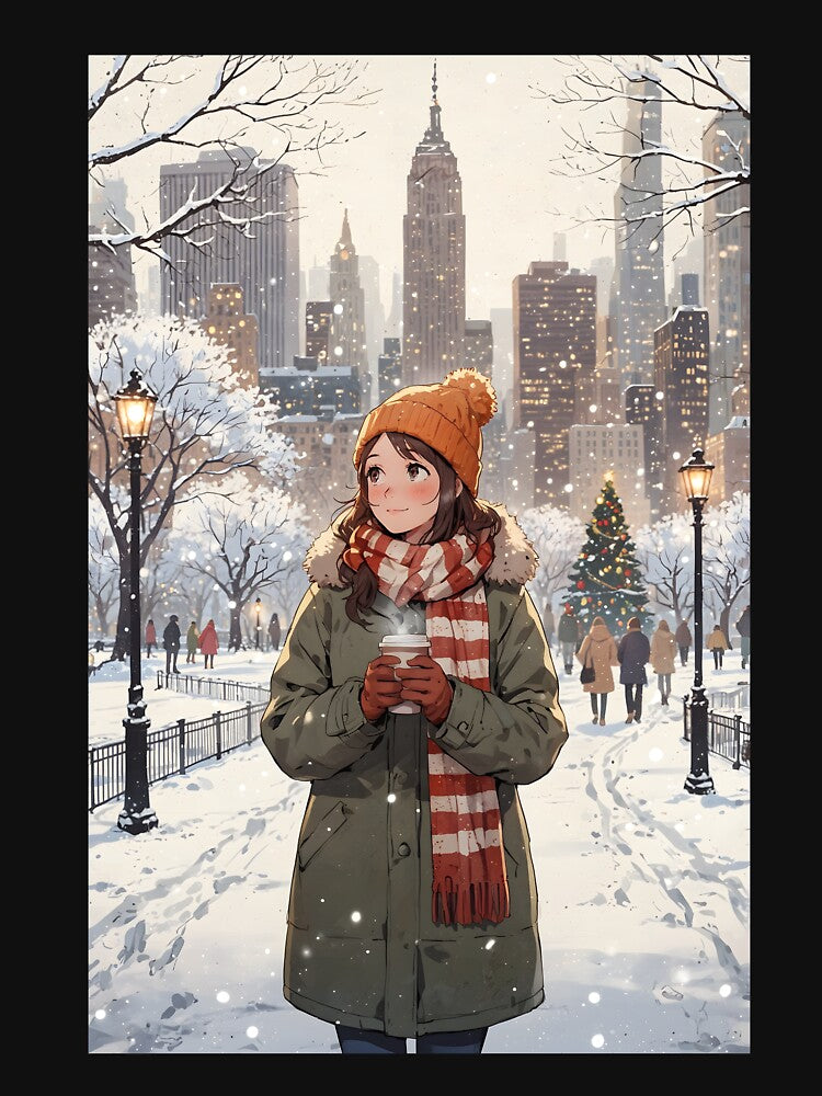 Anime Woman in Winter, Central Park, New York – Cozy Snowy Stroll by Chibifaceneko T-Shirts, Hoodie, Sweatshirt (Image 3)