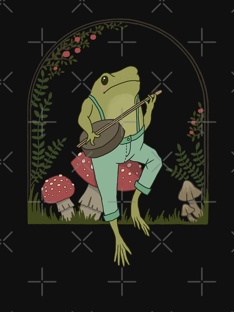 Cottagecore Aesthetic Frog Playing Banjo on Mushroom: Cute Vintage Goblincore Farmer Toad in Garden, Emo Grunge... (Image 3)