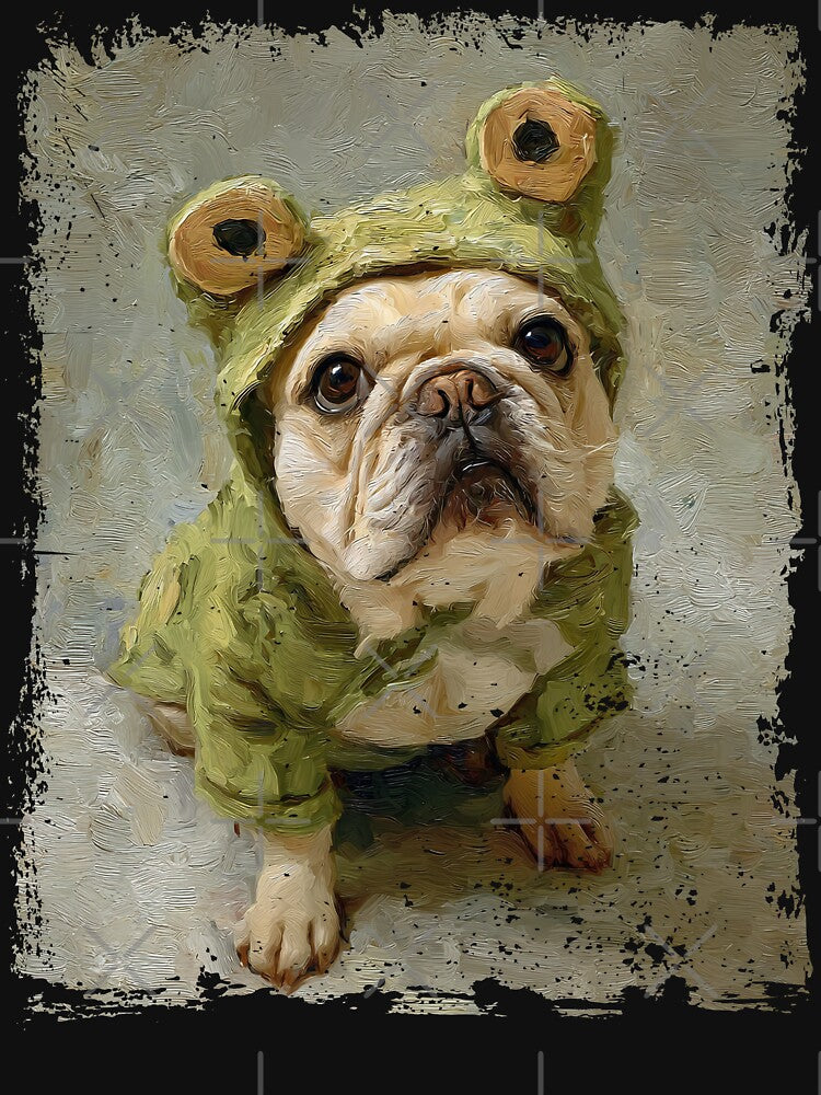 Bulldog in Frog Costume – Whimsical Textured Dog Art for Playful Streetwear T-Shirt Collectors and Pet Lovers... (Image 3)