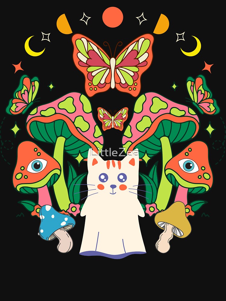 Kids Cottagecore Aesthetic Halloween Spirit Cat with Mushrooms - Moon Phases by LittleZea T-Shirts, Hoodie,... (Image 3)