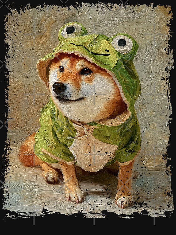 Shiba Inu in Frog Costume – Whimsical Textured Dog Art for Cute Streetwear T-Shirt Collectors and Pet Lovers by... (Image 3)