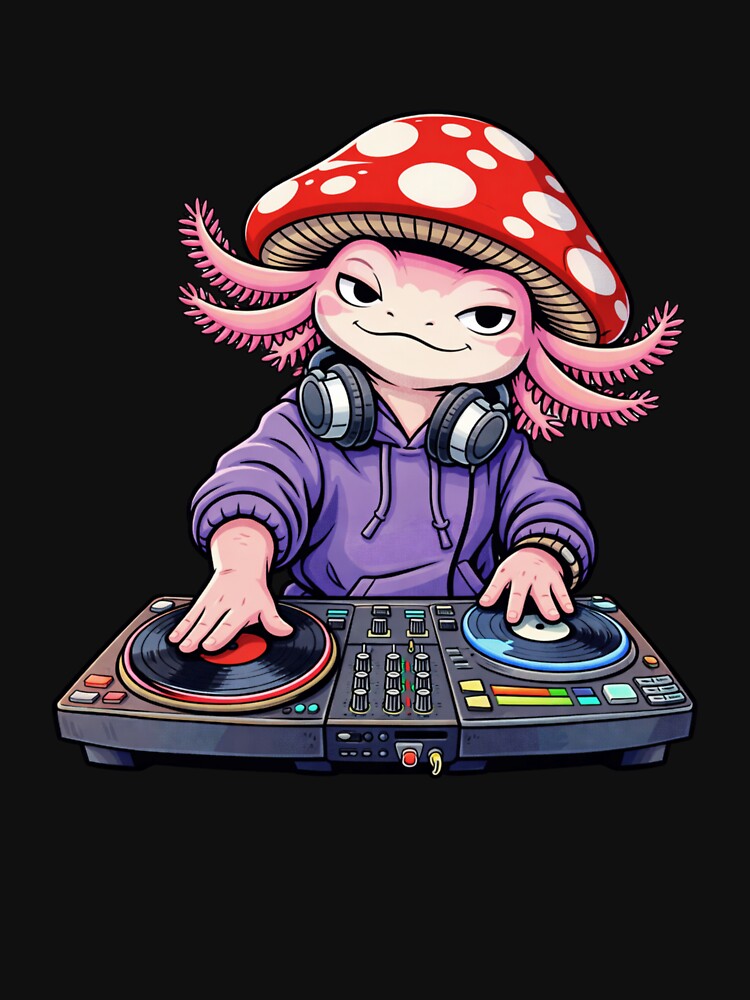 Axolotl DJ with Mushroom Hat – Streetwear Turntable Illustration by ColorSplash123 T-Shirts, Hoodie, Sweatshirt (Image 3)