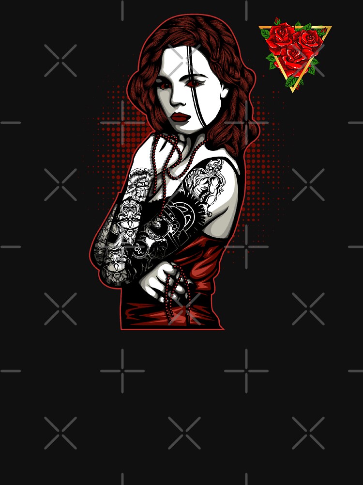 Three Red Rose Golden Triangle Blood Red Gothic Tattoo Girl by darknessjeff86 T-Shirts, Hoodie, Sweatshirt (Image 3)