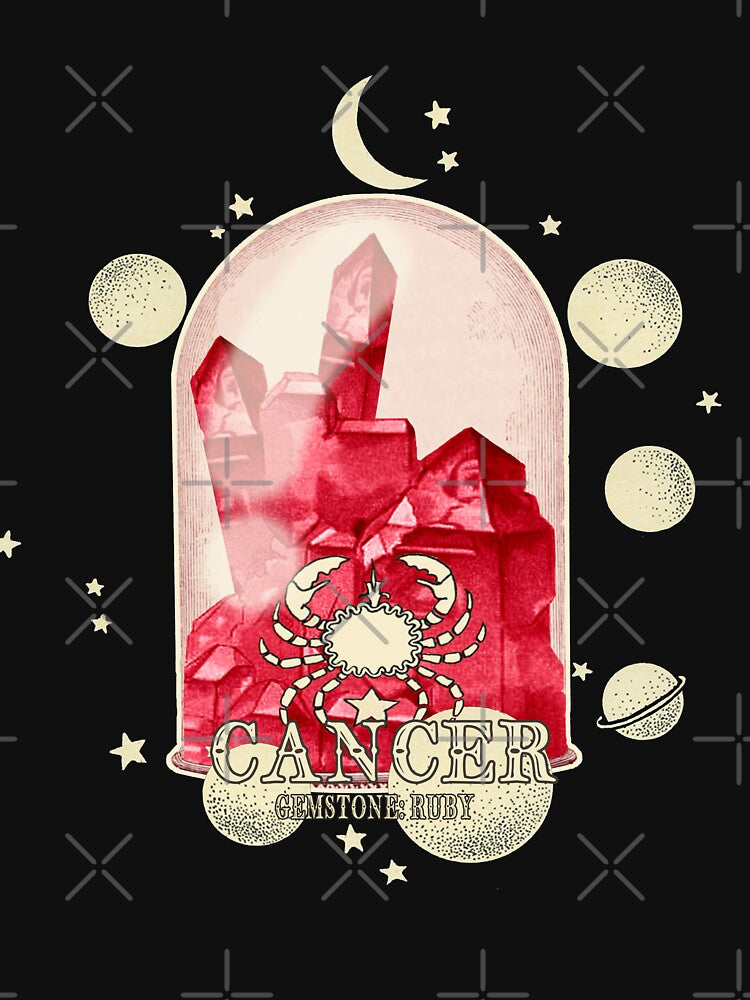 Cancer Gemstone: Ruby crystal. Astral design. Black version by MINDTHECHERRY T-Shirts, Hoodie, Sweatshirt (Image 3)