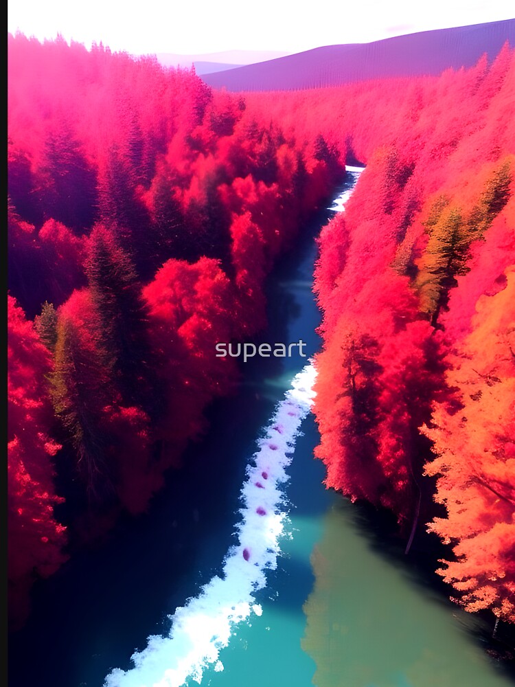 Red Forest & River View Landscape Art by supeart T-Shirts, Hoodie, Sweatshirt | BlankRebels.com (Image 3)