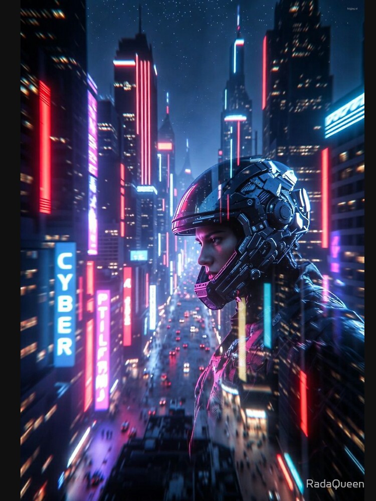 Cyberpunk Neon Profile – Futuristic Helmet Rider in Vibrant Night Metropolis by RadaQueen T-Shirts, Hoodie,... (Image 3)