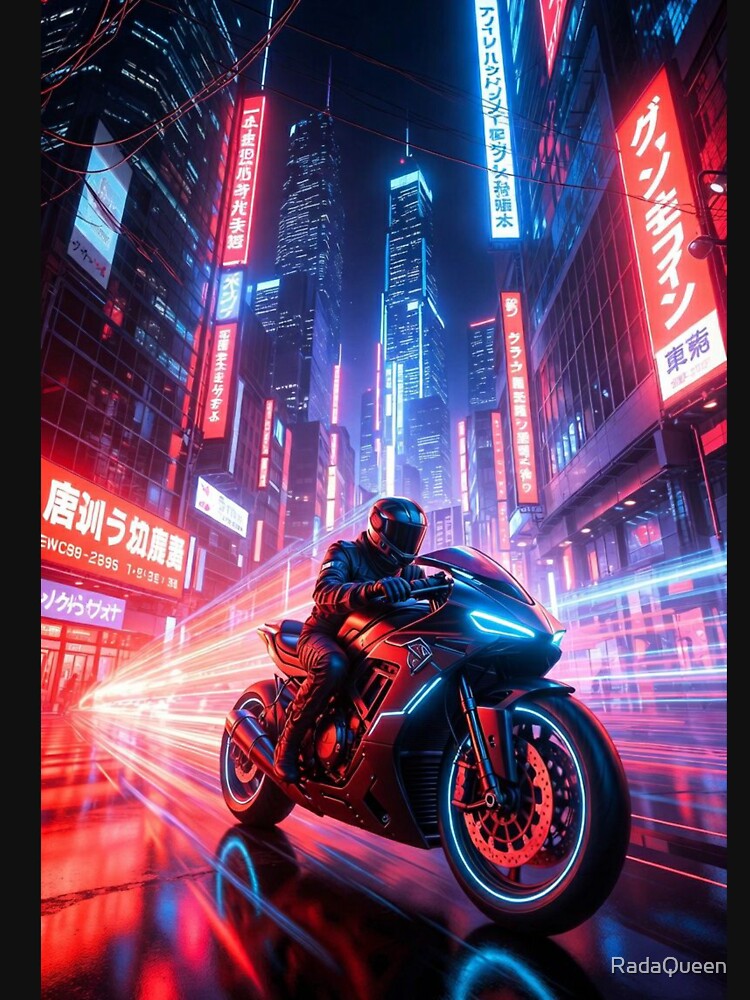 Cyberpunk Neon Speed Demon – Futuristic Motorcycle Chase in Japanese Night City by RadaQueen T-Shirts, Hoodie,... (Image 3)